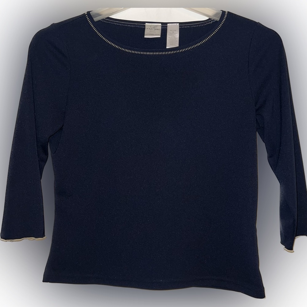 💥Emma James Petite By Liz Claiborne Black Blouse Tan Trim 3/4 Sleeve PM